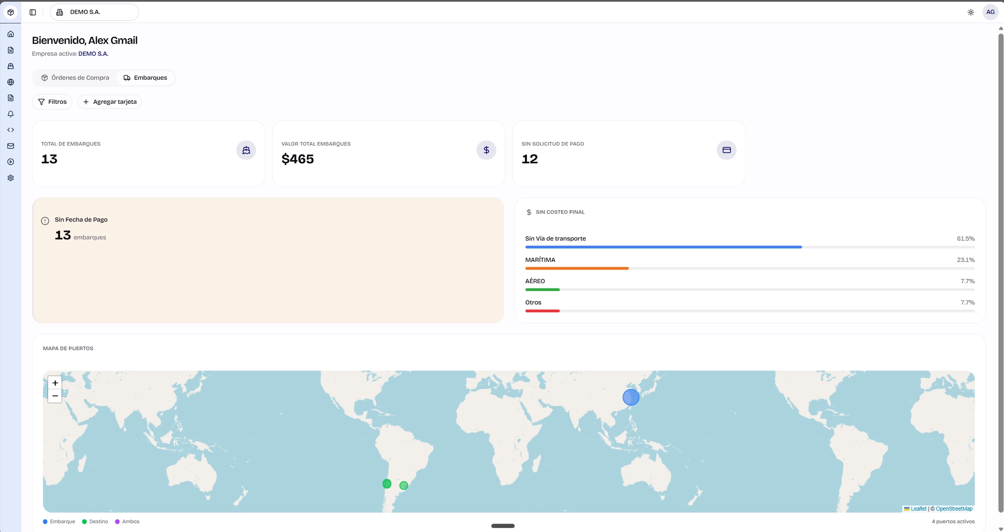Dashboard - Embarques, costeo y mapa de puertos